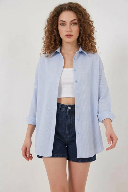 Kadın Oversize Çizgili Pamuklu Gömlek