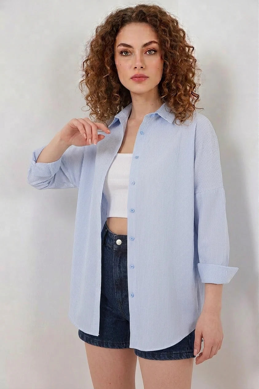 Kadın Oversize Çizgili Pamuklu Gömlek