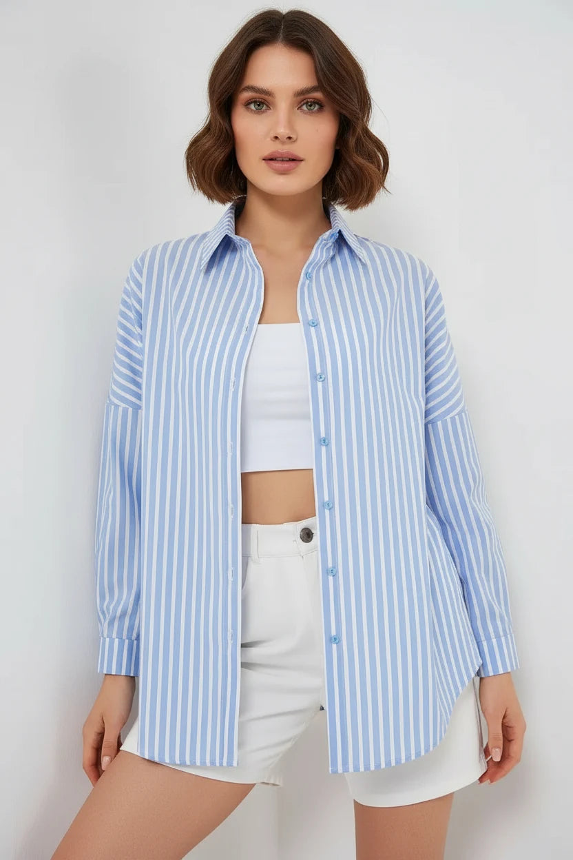 Kadın Oversize Çizgili Pamuklu Gömlek