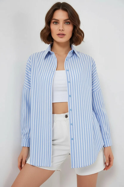 Kadın Oversize Çizgili Pamuklu Gömlek