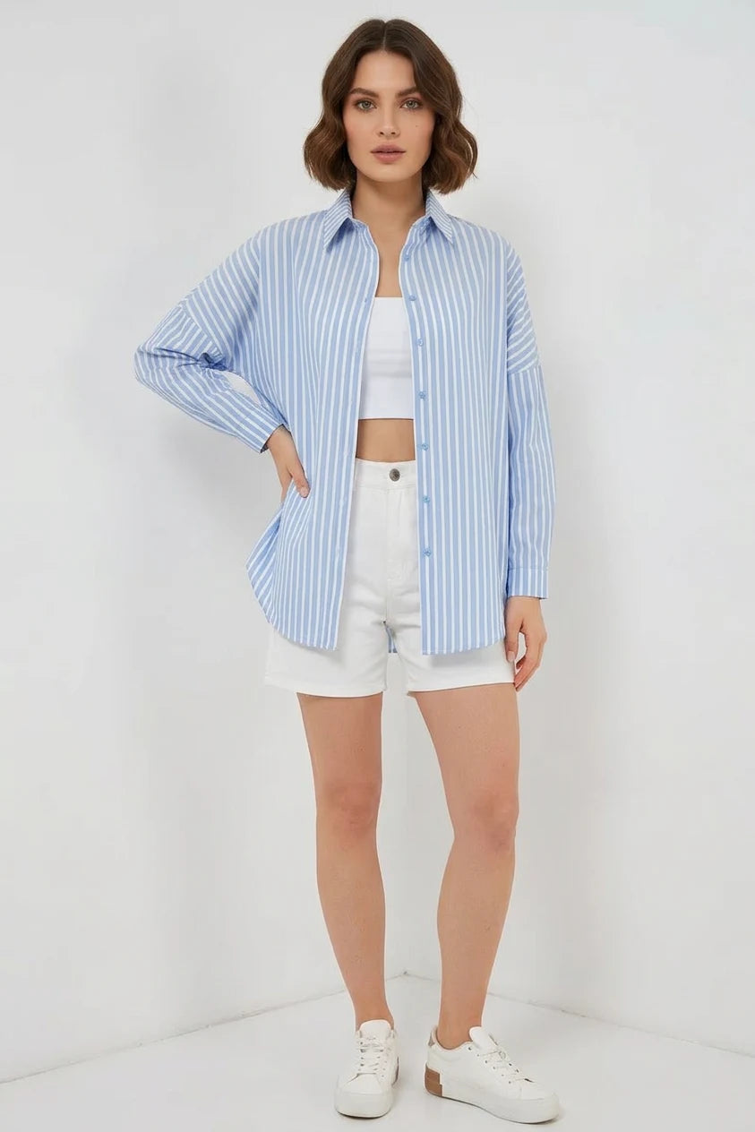 Kadın Oversize Çizgili Pamuklu Gömlek