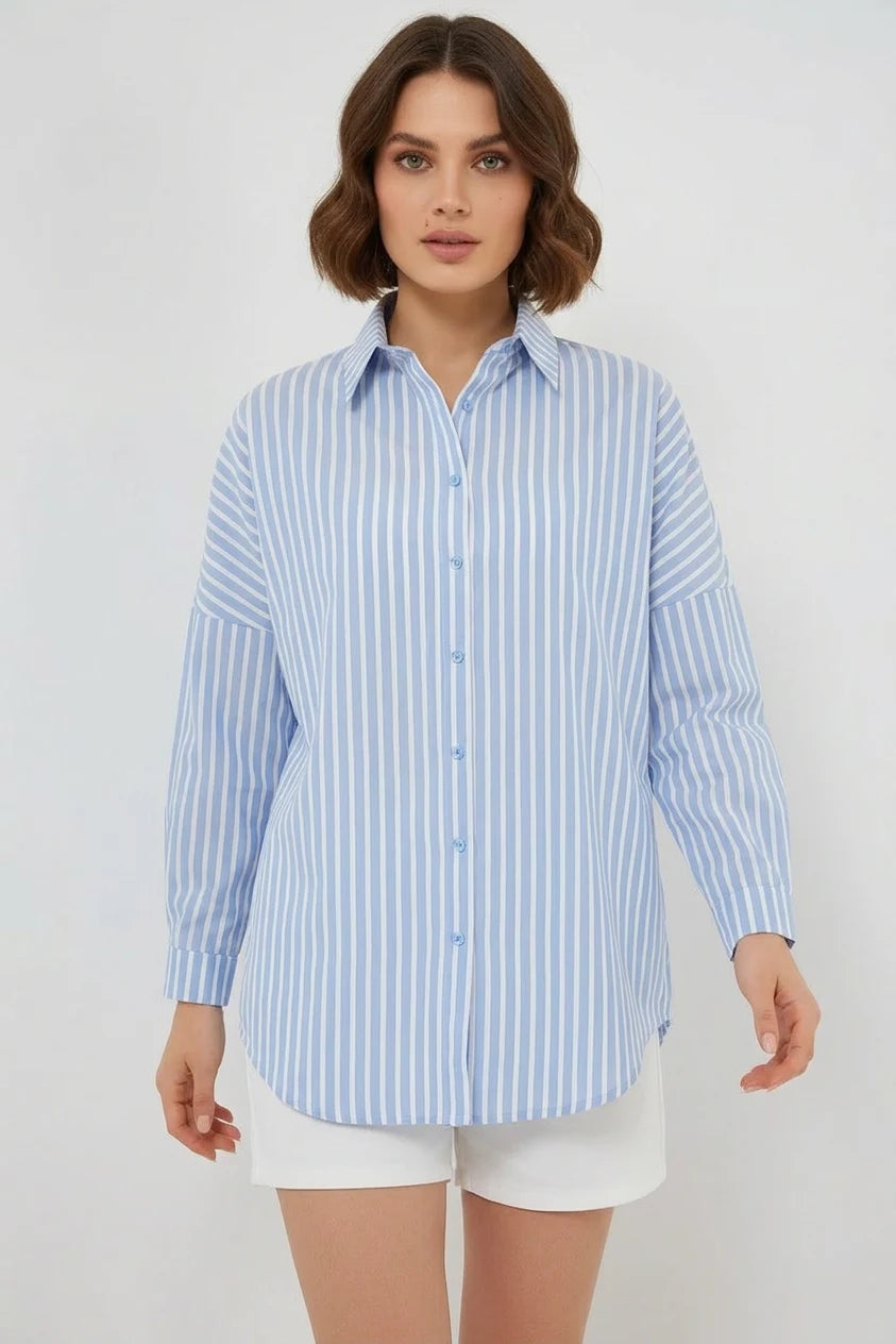 Kadın Oversize Çizgili Pamuklu Gömlek