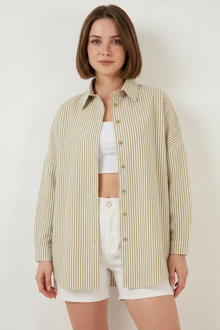 Kadın Oversize Çizgili Pamuklu Gömlek
