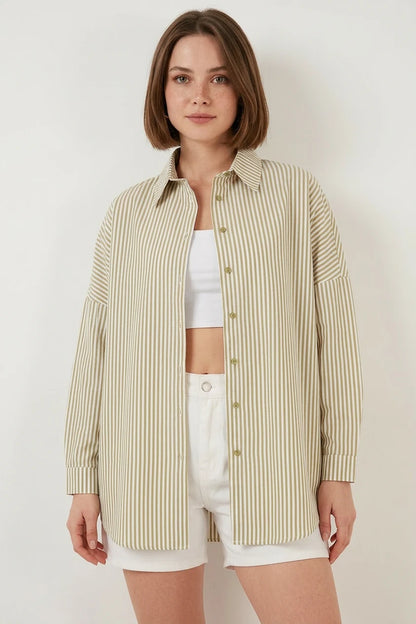 Kadın Oversize Çizgili Pamuklu Gömlek