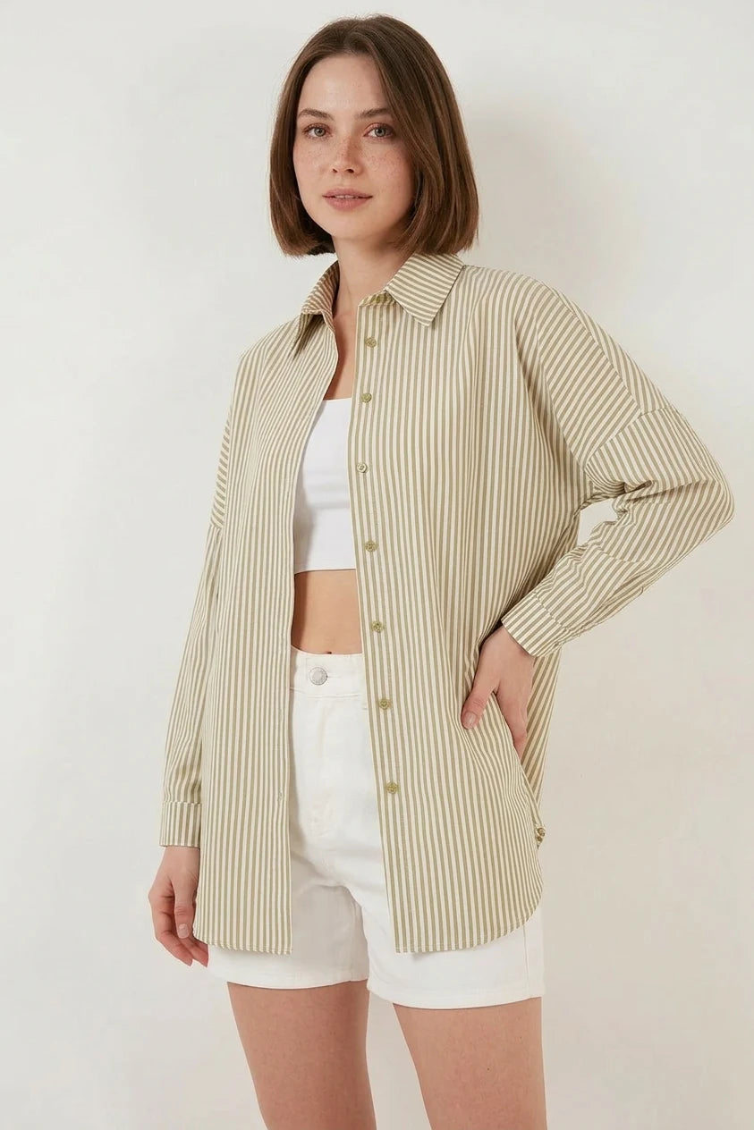 Kadın Oversize Çizgili Pamuklu Gömlek