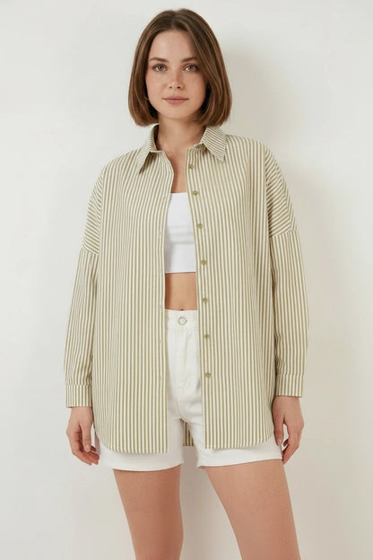 Kadın Oversize Çizgili Pamuklu Gömlek