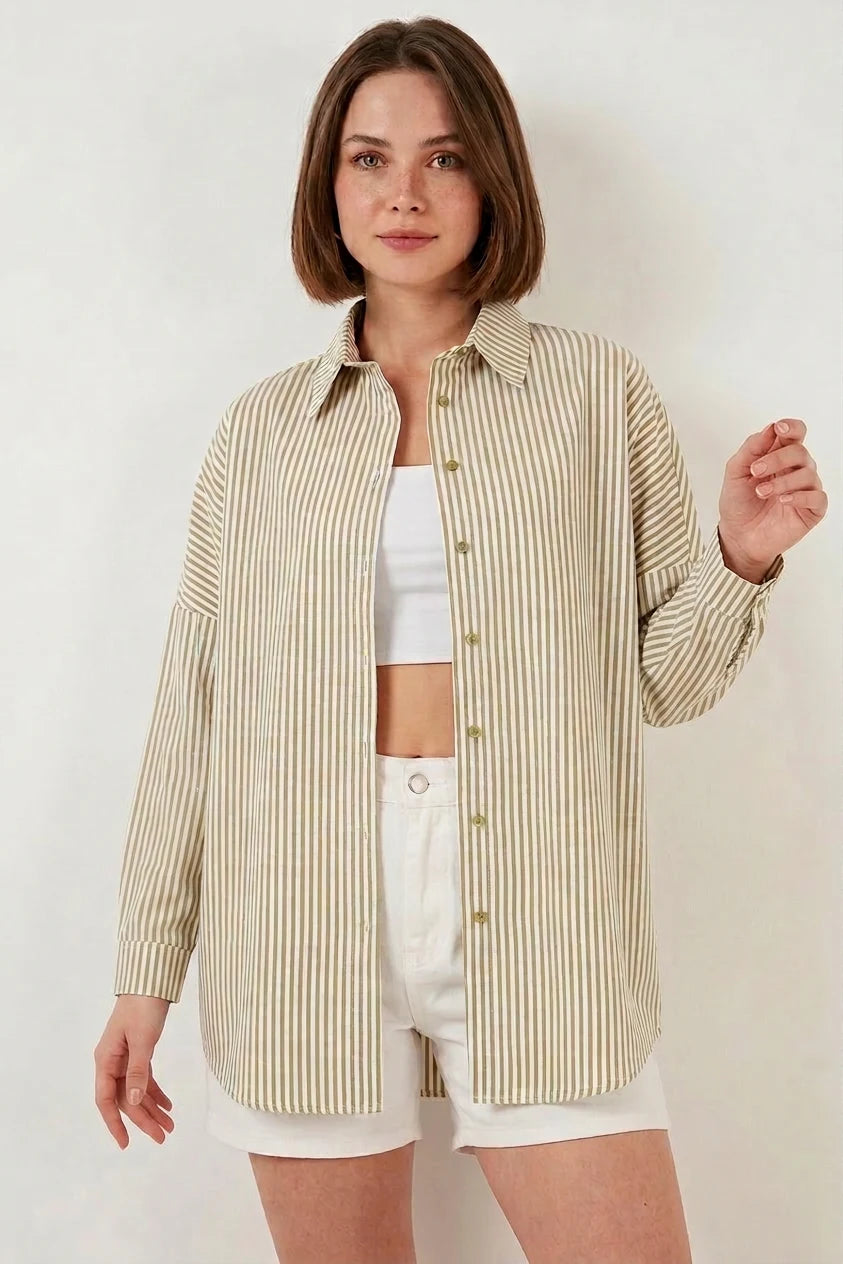 Kadın Oversize Çizgili Pamuklu Gömlek