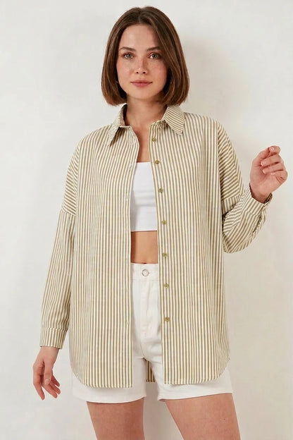 Kadın Oversize Çizgili Pamuklu Gömlek