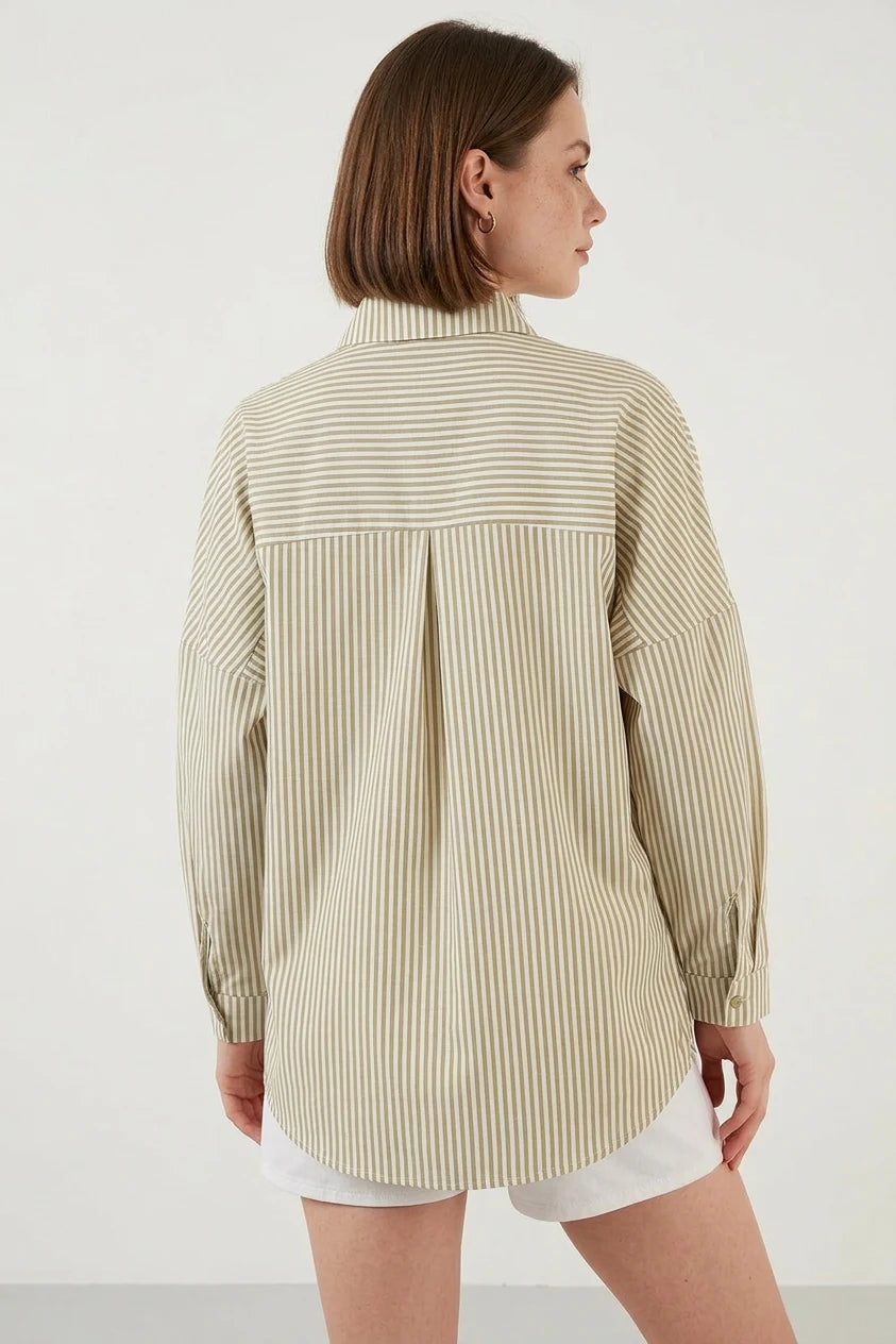 Kadın Oversize Çizgili Pamuklu Gömlek