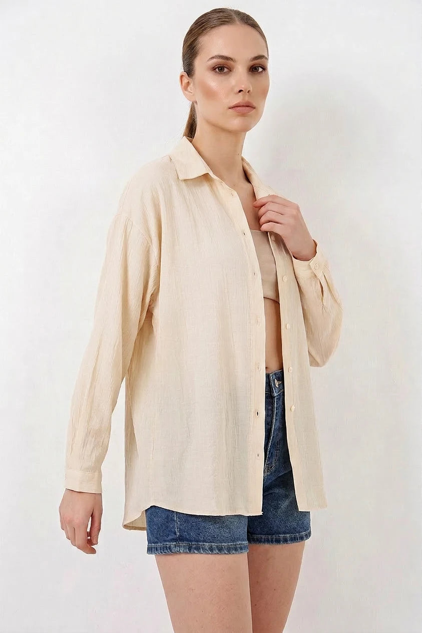 Kadın Rahat Kesim Oversize Pamuklu Krem Gömlek