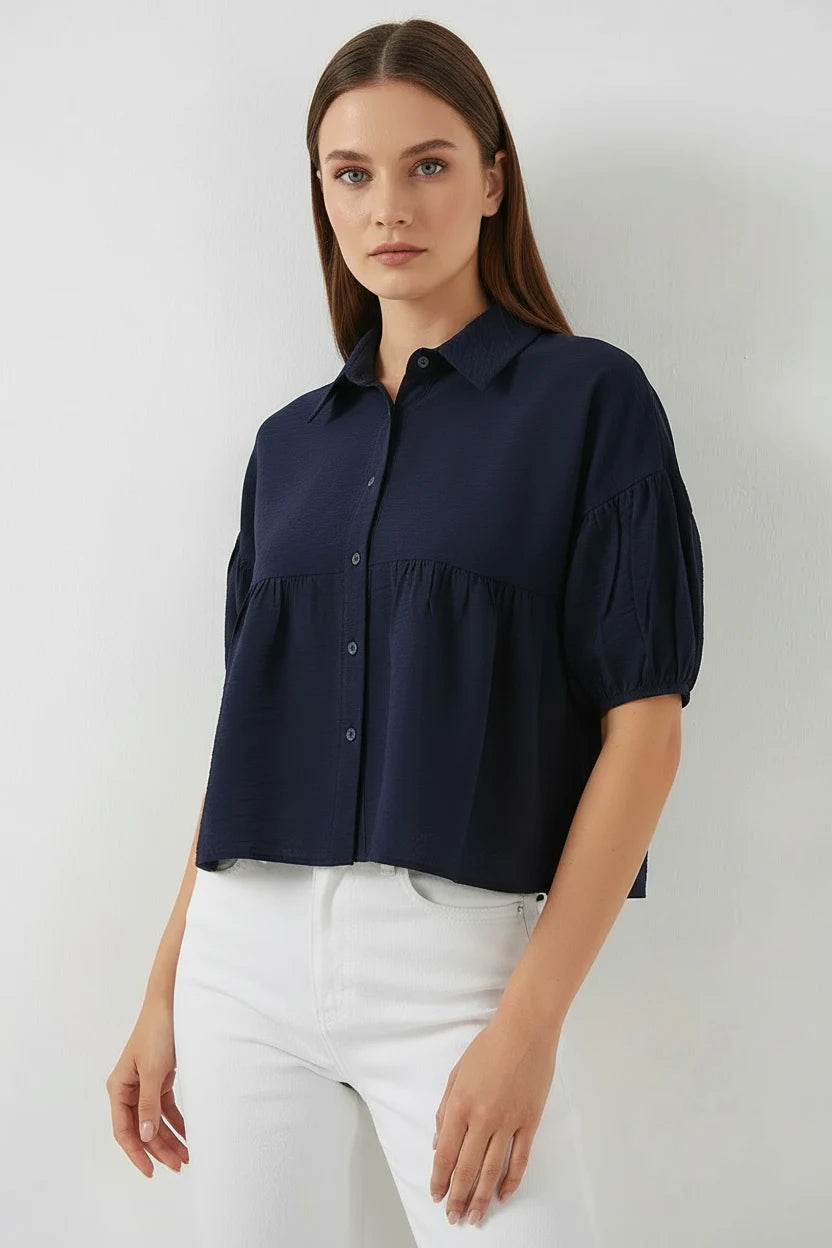 Kadın Crop Kısa Kol Büzgülü Viskon Lacivert Gömlek