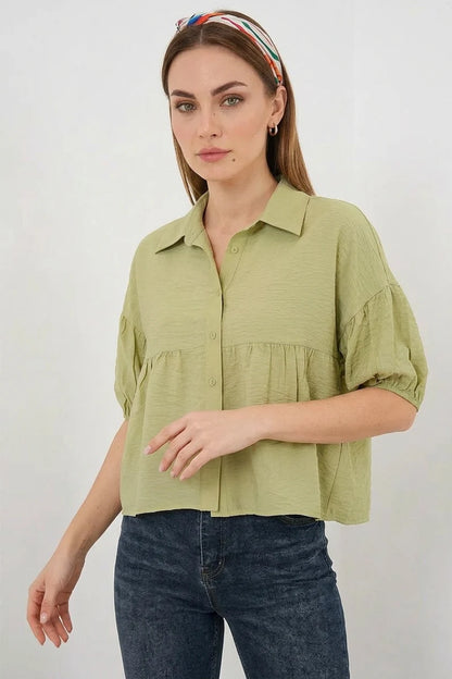Kadın Kısa Kol Crop Viskon Gömlek