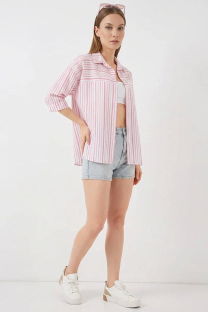 Kadın Kısa Kol Çizgili Pamuklu Gömlek