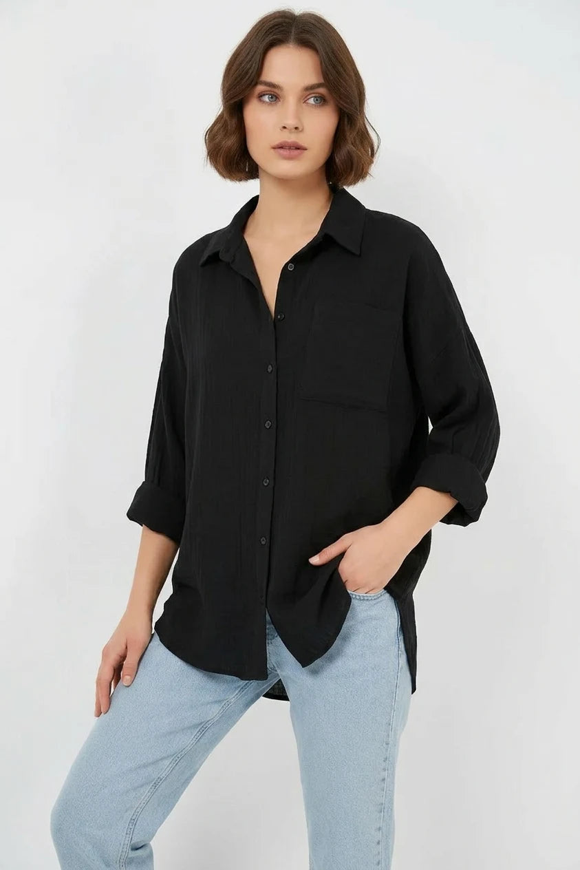 Kadın Oversize Tek Cepli Viskon Gömlek