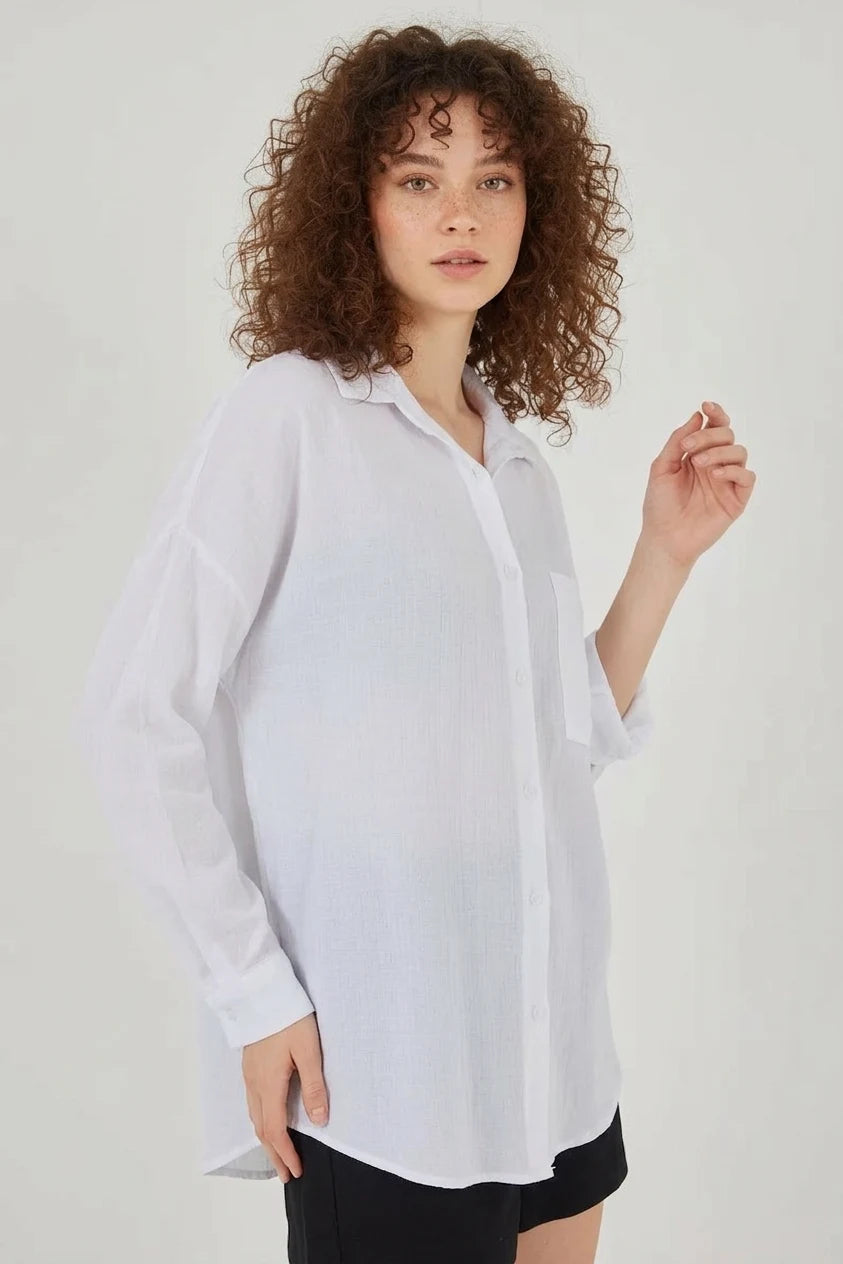 Kadın Tek Cepli Oversize Viskon Gömlek – Renk Seçenekleri 1