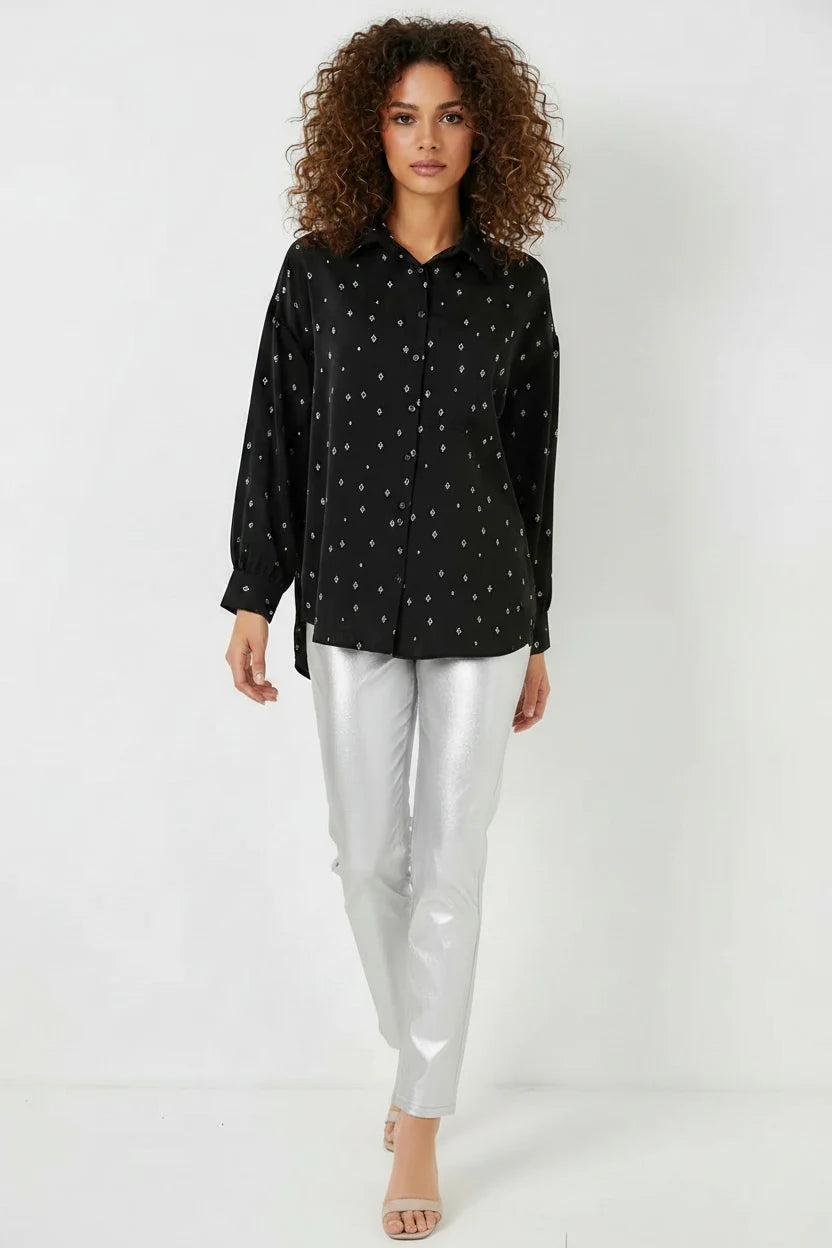Kadın Oversize Desenli Siyah Gümüş Gömlek