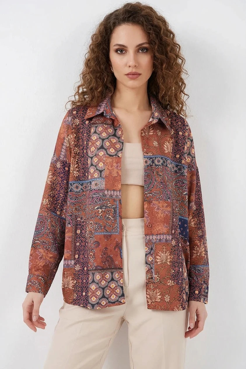 Kadın Oversize Desenli Saten Gömlek