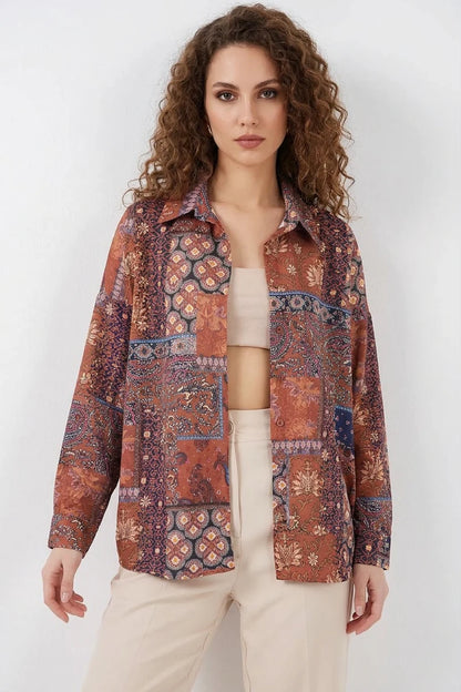 Kadın Oversize Desenli Saten Gömlek