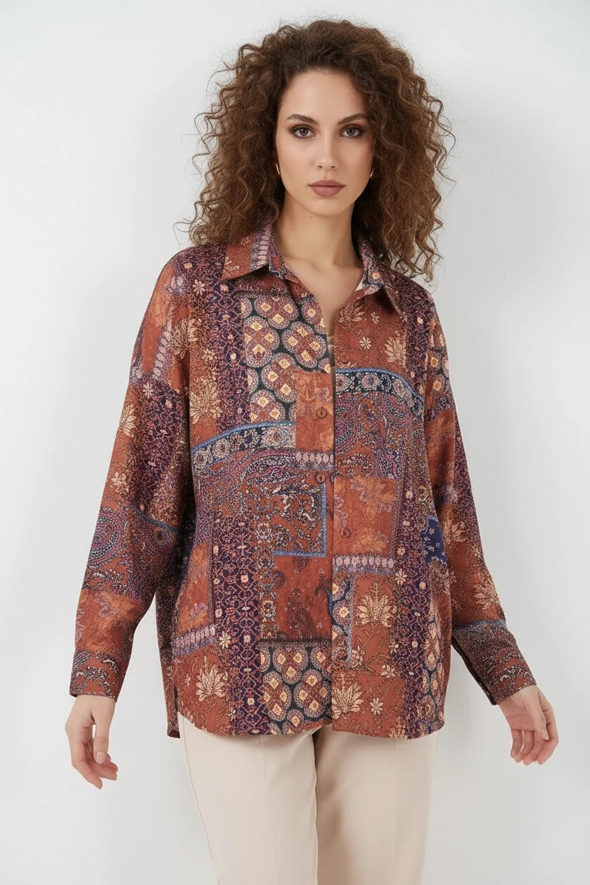 Kadın Oversize Desenli Saten Gömlek