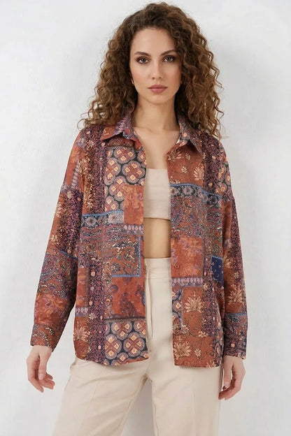 Kadın Oversize Desenli Saten Gömlek