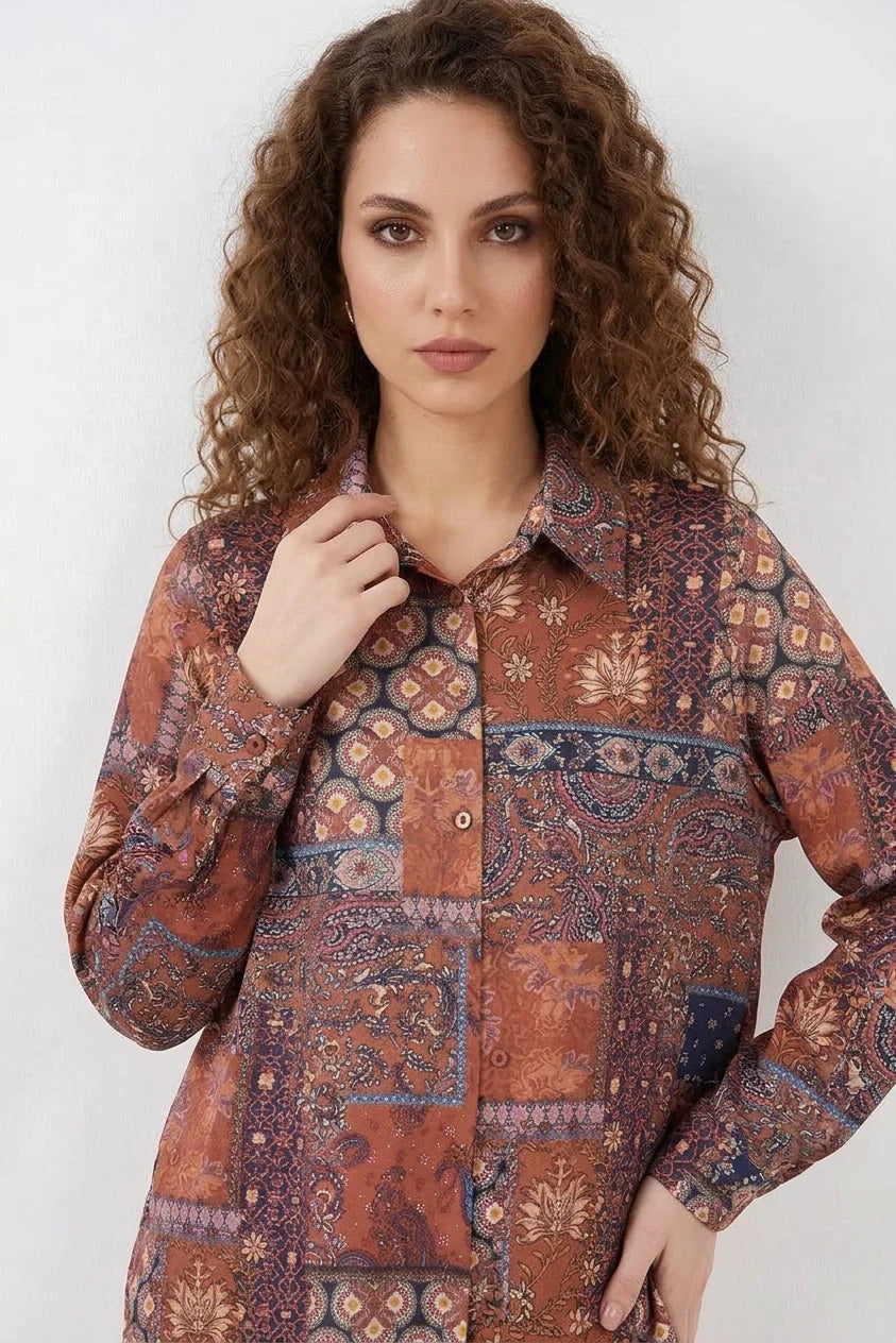 Kadın Oversize Desenli Saten Gömlek
