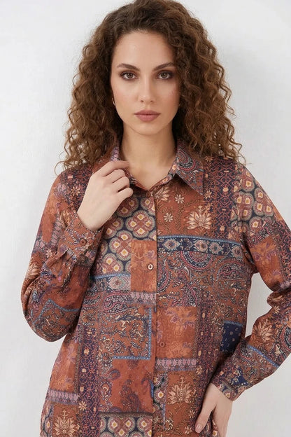 Kadın Oversize Desenli Saten Gömlek
