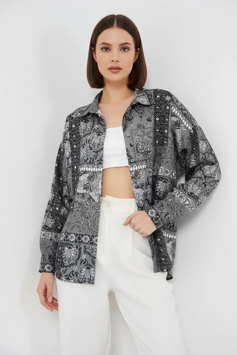 Kadın Oversize Desenli Saten Gömlek