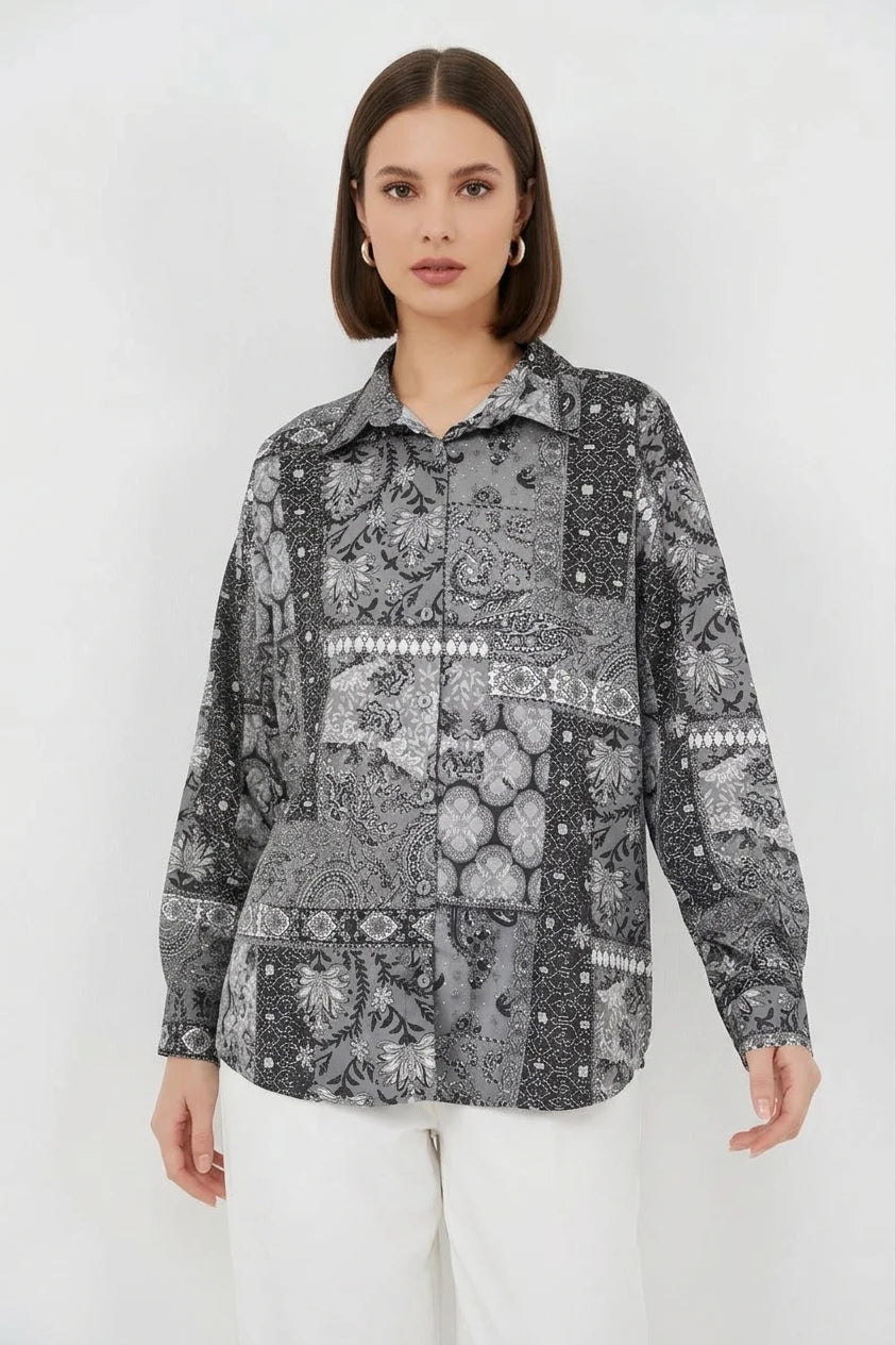 Kadın Oversize Desenli Saten Gömlek