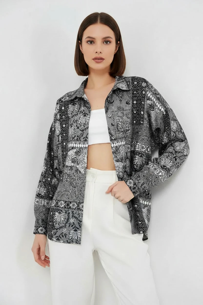 Kadın Oversize Desenli Saten Gömlek