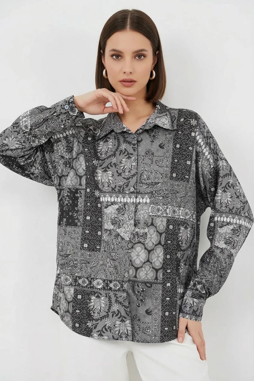 Kadın Oversize Desenli Saten Gömlek