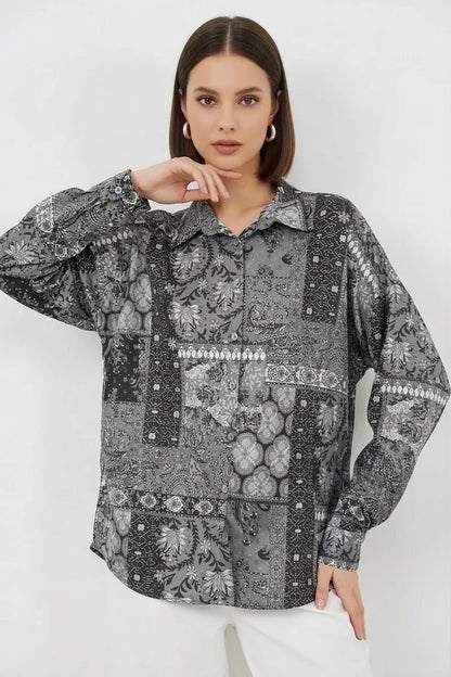 Kadın Oversize Desenli Saten Gömlek