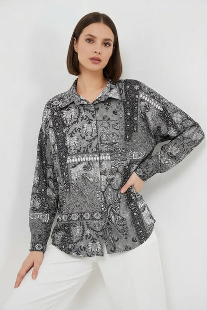 Kadın Oversize Desenli Saten Gömlek