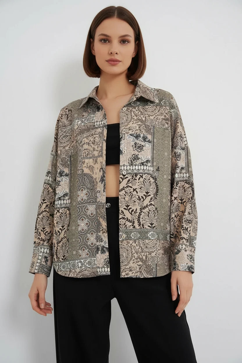 Kadın Oversize Desenli Saten Gömlek