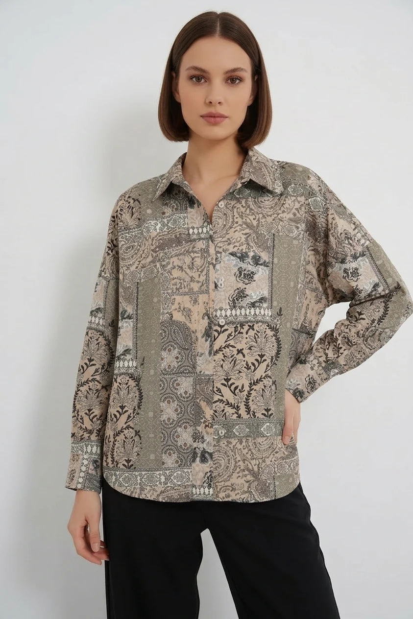 Kadın Oversize Desenli Saten Gömlek