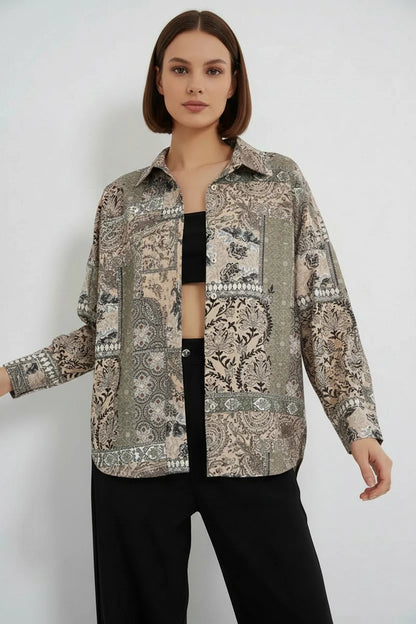 Kadın Oversize Desenli Saten Gömlek