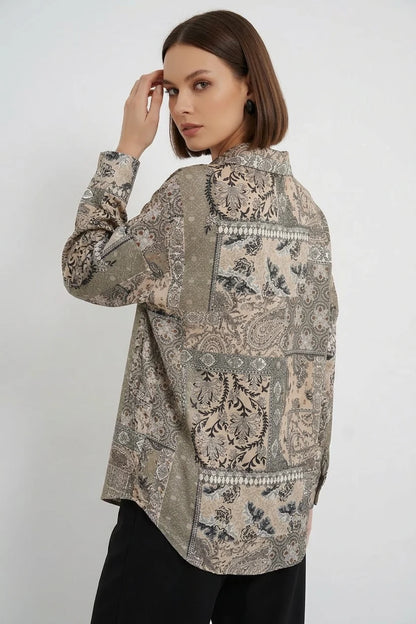 Kadın Oversize Desenli Saten Gömlek