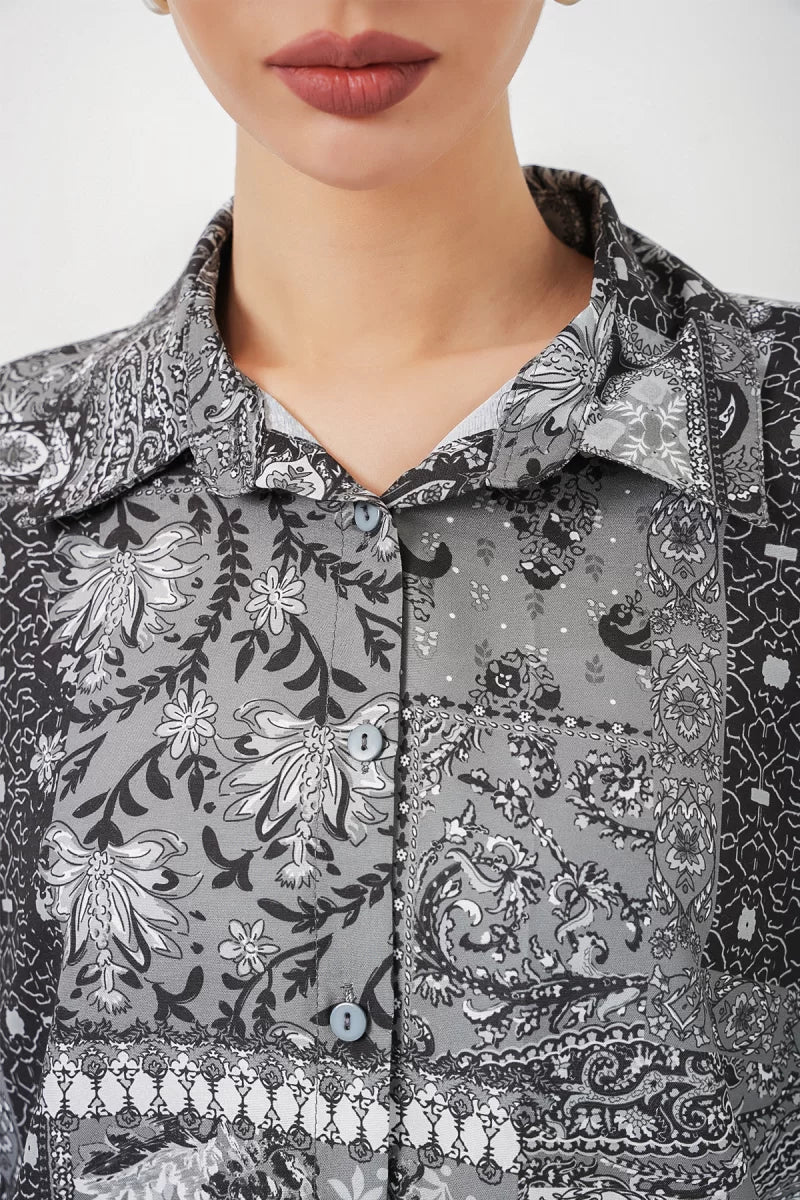 Kadın Oversize Desenli Saten Gömlek