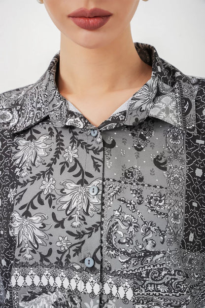 Kadın Oversize Desenli Saten Gömlek
