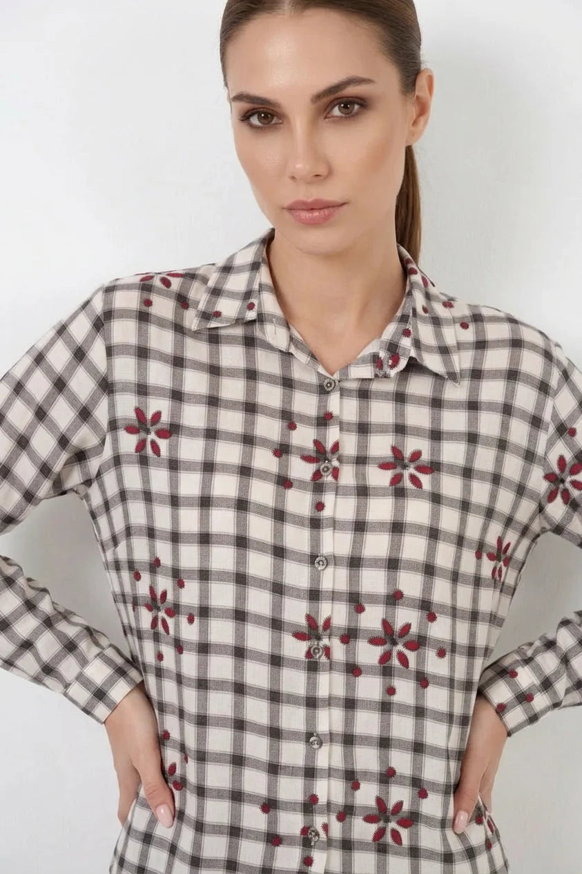 Kadın Oversize Kareli Desenli Viskon Gömlek