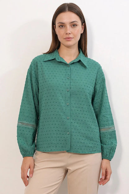 Kadın Dantel Detaylı Kol Oversize Gömlek