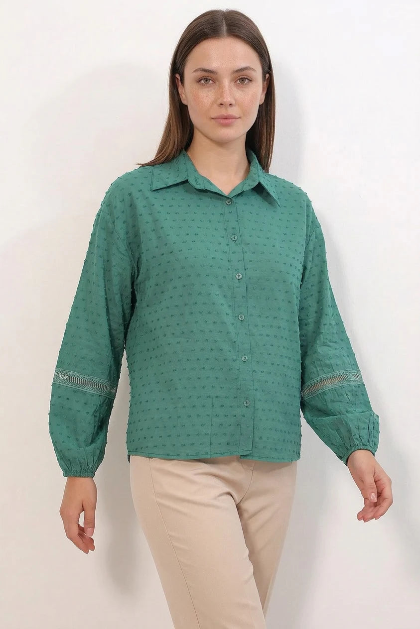 Kadın Dantel Detaylı Kol Oversize Gömlek