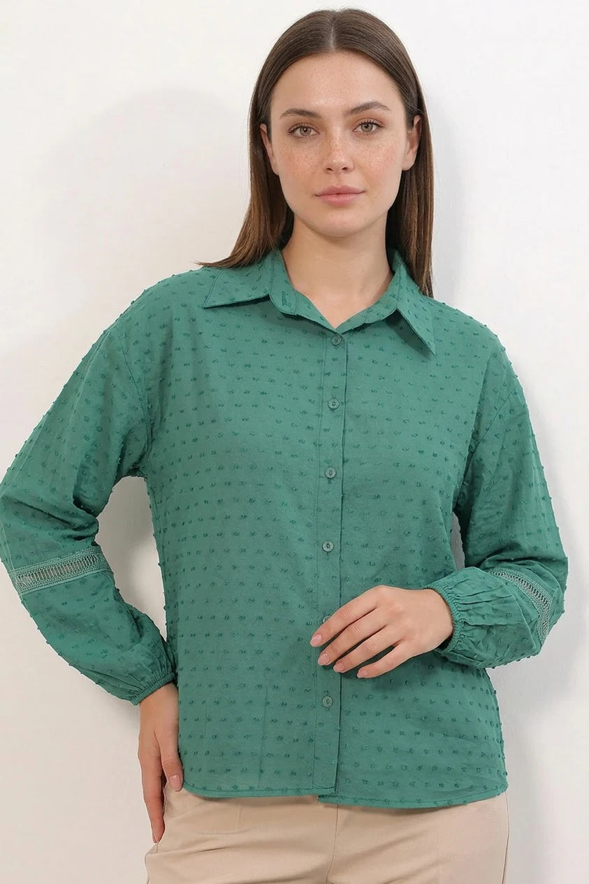 Kadın Dantel Detaylı Kol Oversize Gömlek