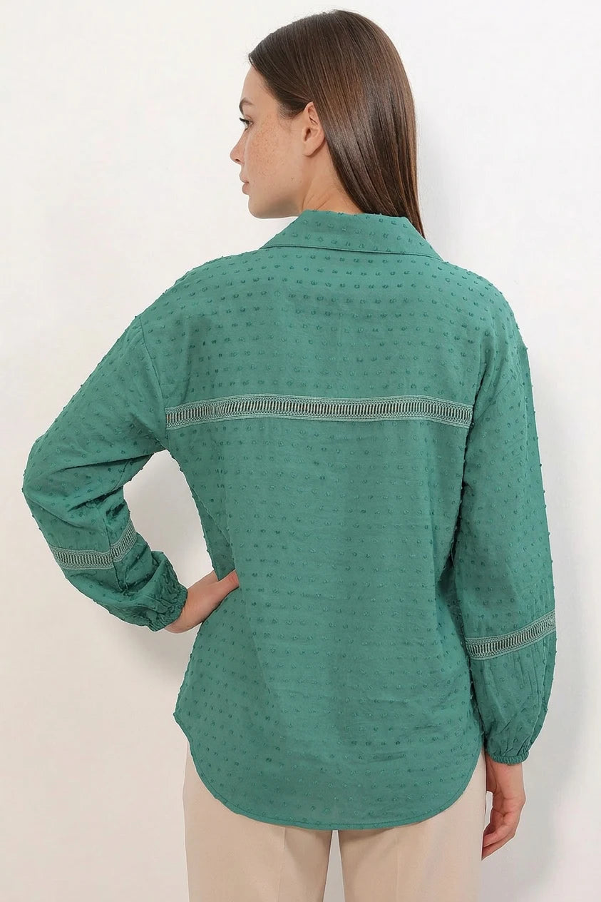 Kadın Dantel Detaylı Kol Oversize Gömlek
