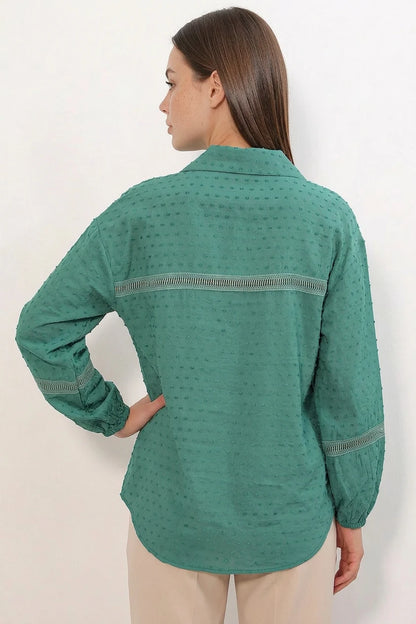 Kadın Dantel Detaylı Kol Oversize Gömlek