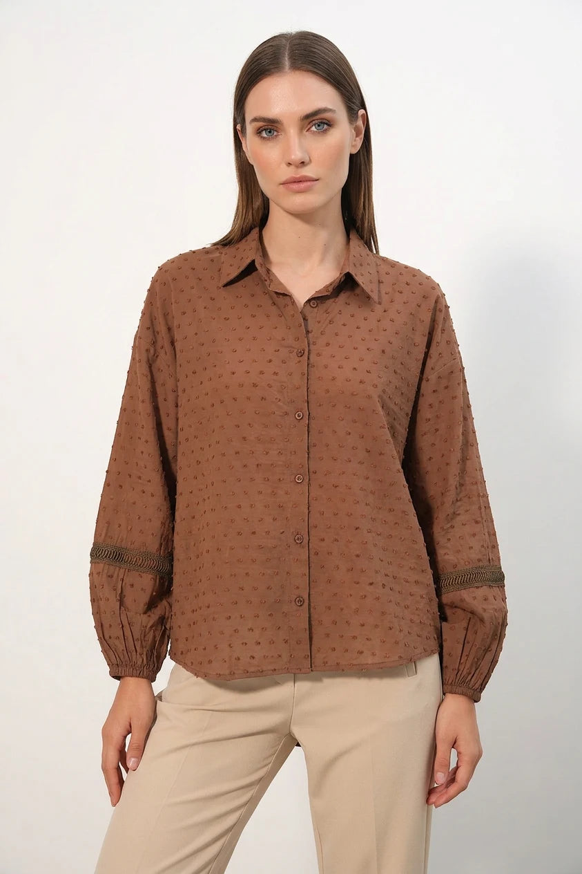 Kadın Oversize Fisto Desenli Taba Gömlek