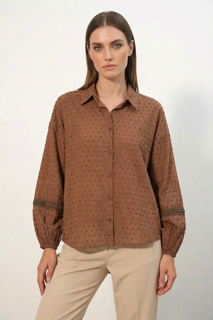 Kadın Oversize Fisto Desenli Taba Gömlek