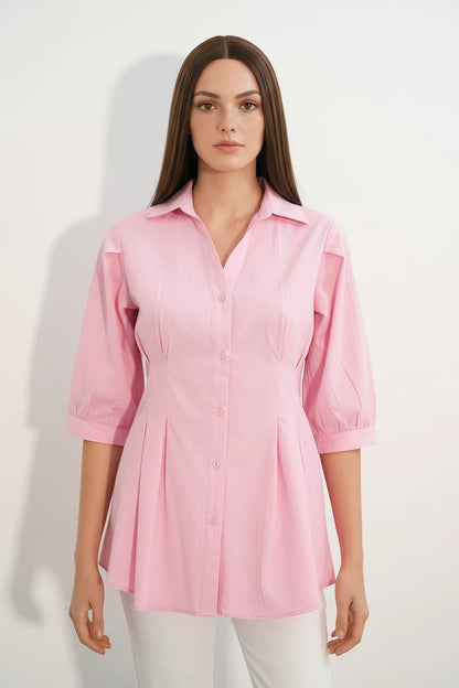 Kadın Belden Oturtmalı Pileli Etek Ucu Kısa Kol Pembe Gömlek
