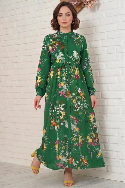 Kadın Hakim Yaka Beli Büzgülü Düğmeli Çiçek Desenli Viskon Tesettür Elbise