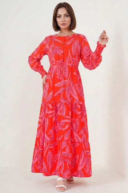 Kadın Yuvarlak Yaka Beli Büzgülü Yaprak Desenli Viskon Tesettür Elbise