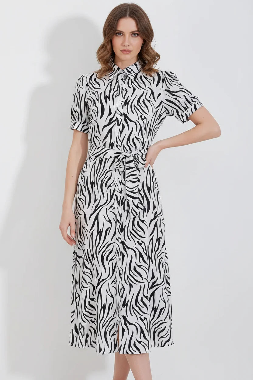 Kadın Gömlek Yaka Kuşaklı Kısa Kol Zebra Desenli Viskon Elbise